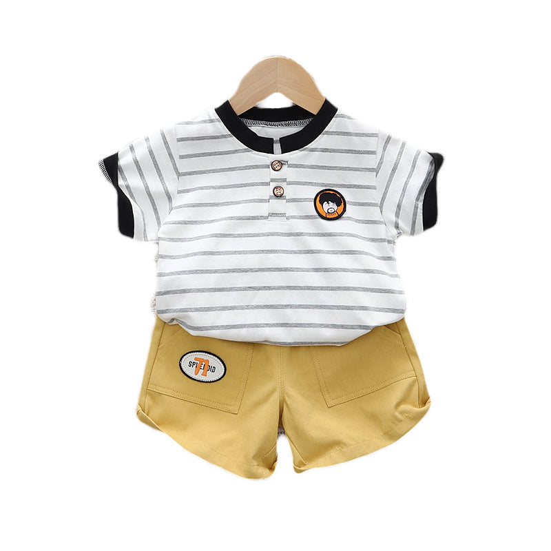Unisex Kids Grey & Mustard Striped Pure Cotton T-shirt with Shorts