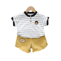 Unisex Kids Grey & Mustard Striped Pure Cotton T-shirt with Shorts