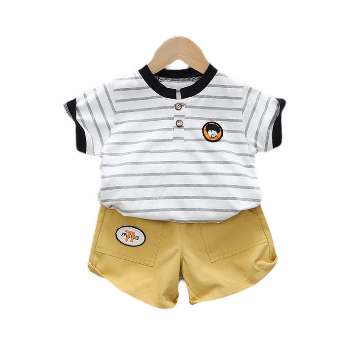 Unisex Kids Grey & Mustard Striped Pure Cotton T-shirt with Shorts