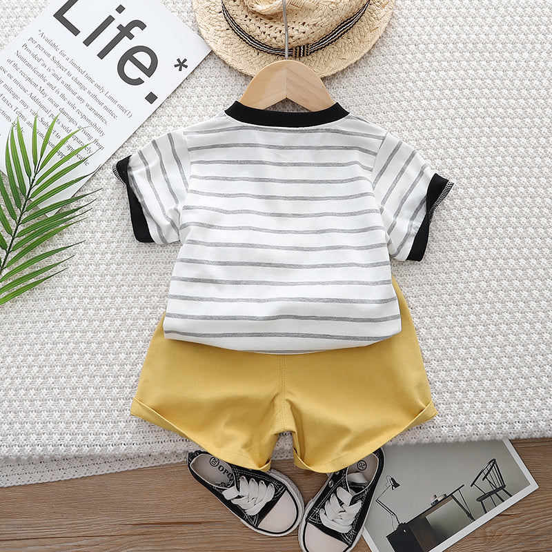 Unisex Kids Grey & Mustard Striped Pure Cotton T-shirt with Shorts