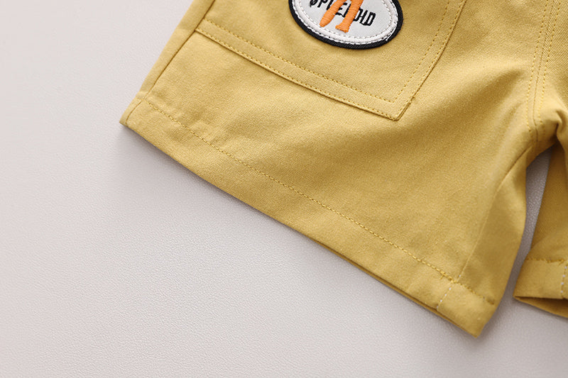 Unisex Kids Grey & Mustard Striped Pure Cotton T-shirt with Shorts