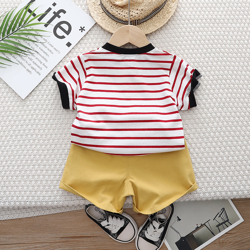 Kids Red Striped Pure Cotton T-shirt With Short