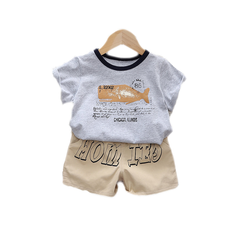 Kids Grey Graphic Printed Pure Cotton T-shirt with Shorts