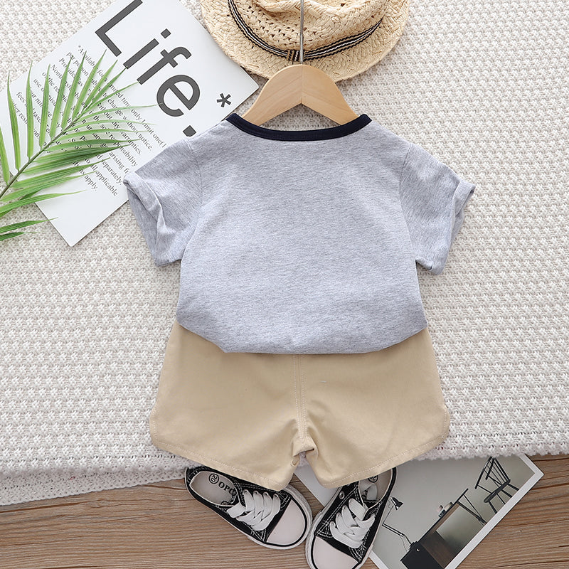 Kids Grey Graphic Printed Pure Cotton T-shirt with Shorts