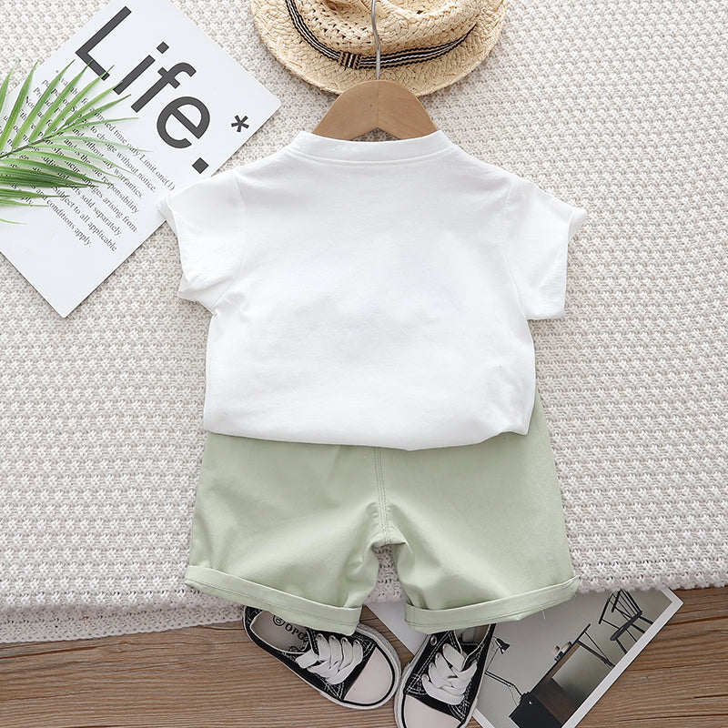 Kids White Printed Pure Cotton T-shirt With Shorts Clothing Set