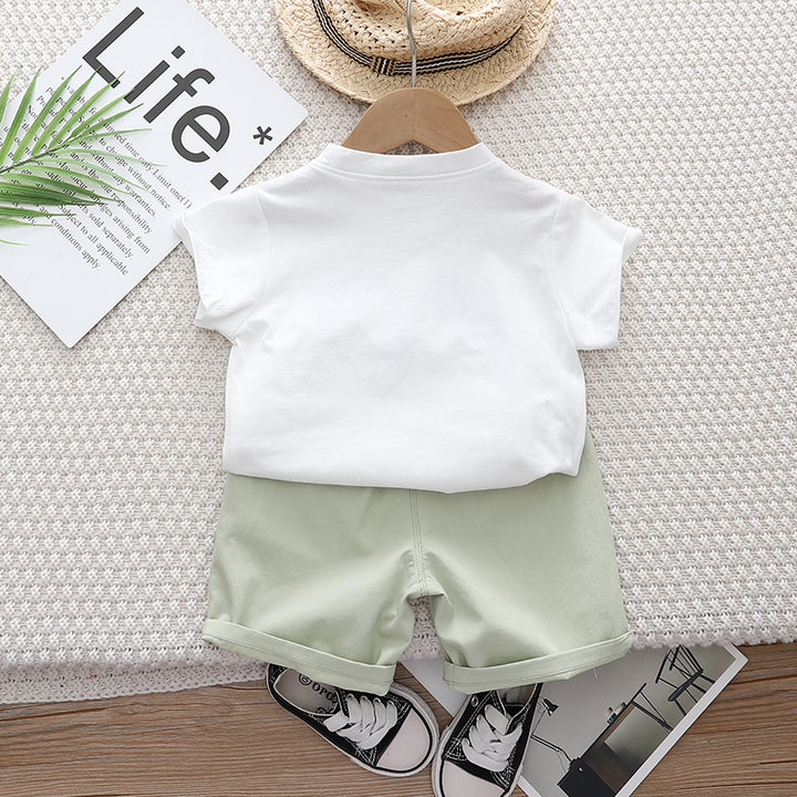 Kids White Printed Pure Cotton T-shirt With Shorts Clothing Set
