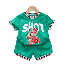Kids Green Printed Pure Cotton T-shirt with Shorts