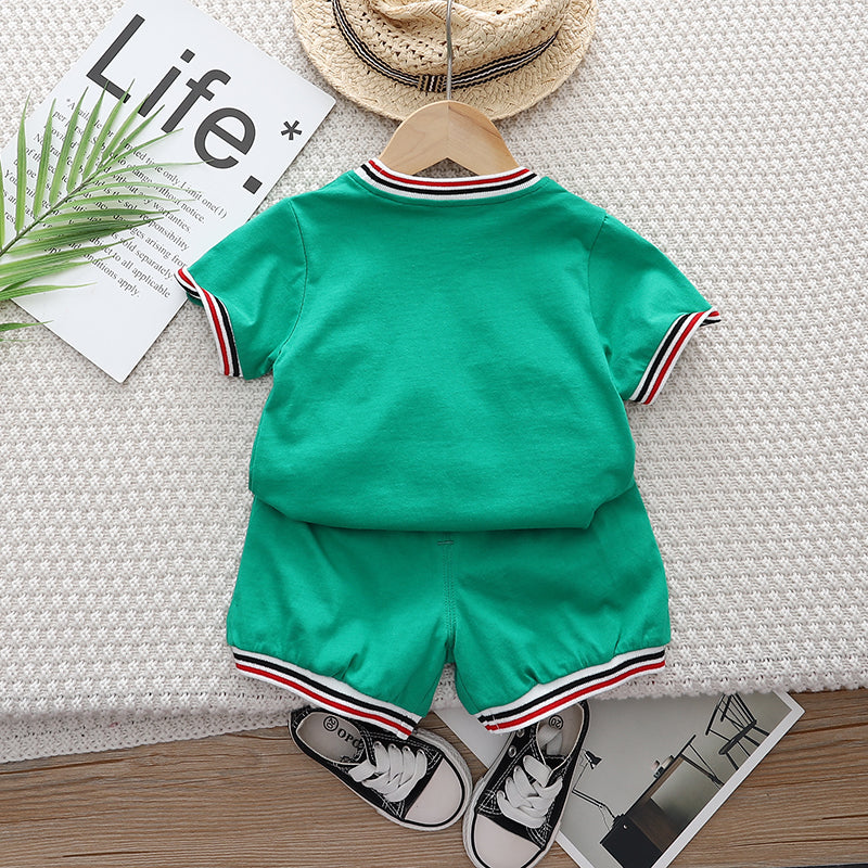 Kids Green Printed Pure Cotton T-shirt with Shorts