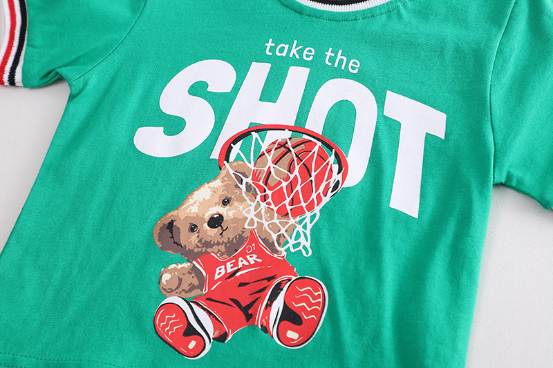 Kids Green Printed Pure Cotton T-shirt with Shorts