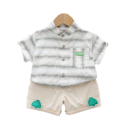Boys Green Striped Short Sleeves Band Collar Shirt With Shorts