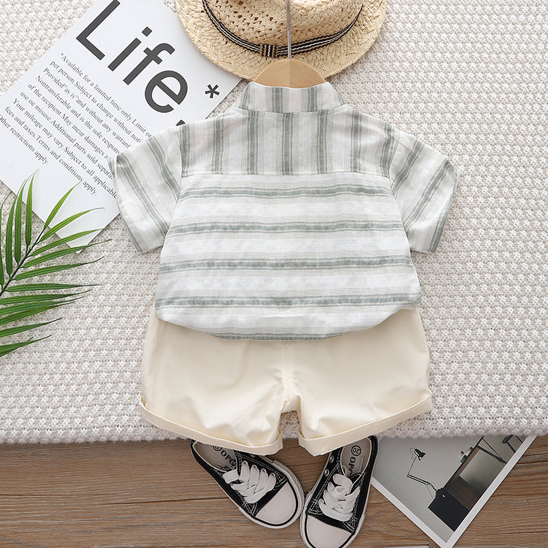 Boys Green Striped Short Sleeves Band Collar Shirt With Shorts