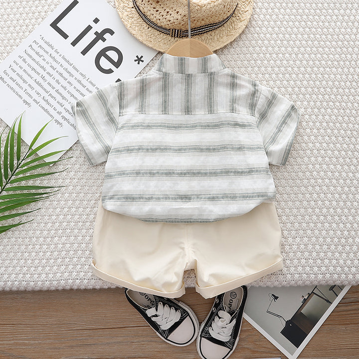 Boys Green Striped Short Sleeves Band Collar Shirt With Shorts