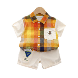 Kids Orange Checked Pure Cotton Shirt with Shorts