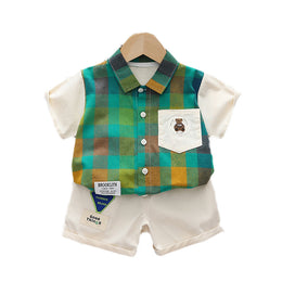 Kids Green Checked Pure Cotton Shirt with Shorts