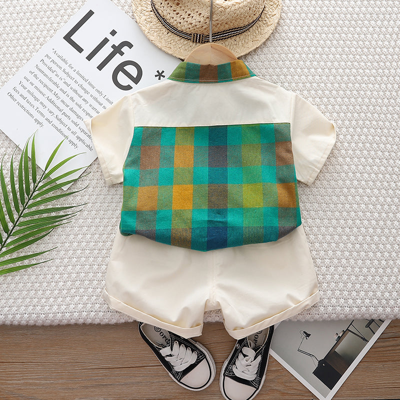 Kids Green Checked Pure Cotton Shirt with Shorts