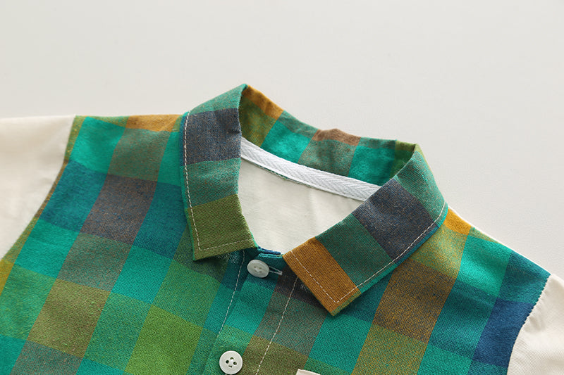 Kids Green Checked Pure Cotton Shirt with Shorts