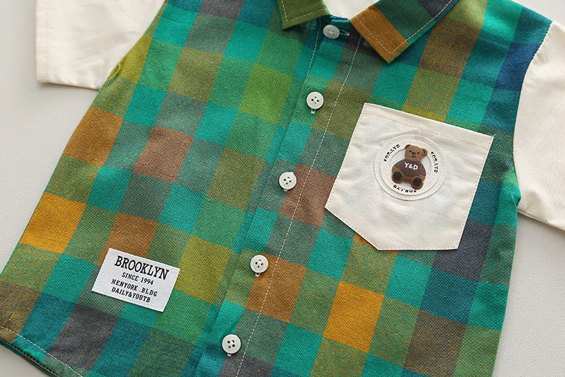 Kids Green Checked Pure Cotton Shirt with Shorts