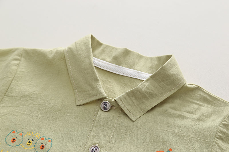 Kids Green Typographic Printed Pure Cotton Shirt With Shorts