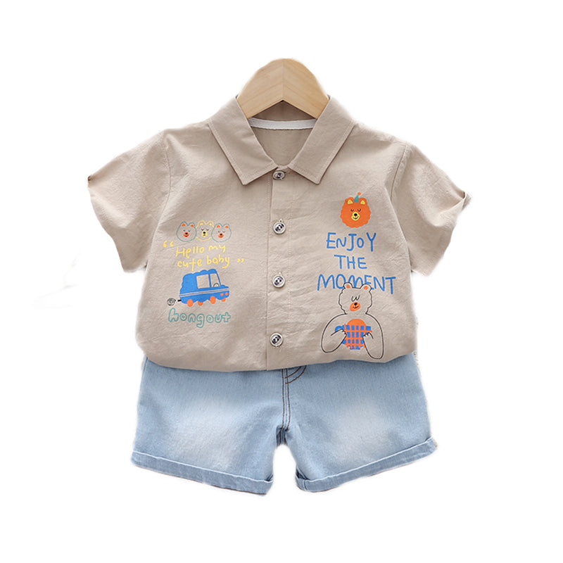 Kids Beige Printed Pure Cotton Shirt with Shorts