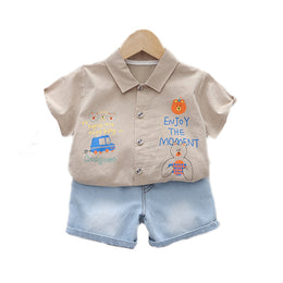 Kids Beige Printed Pure Cotton Shirt with Shorts