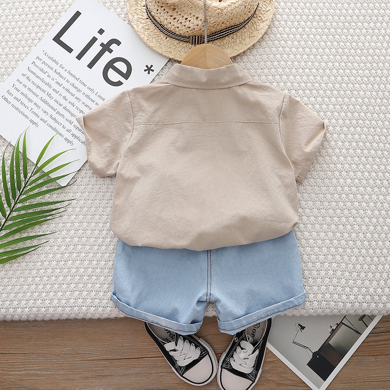 Kids Beige Printed Pure Cotton Shirt with Shorts