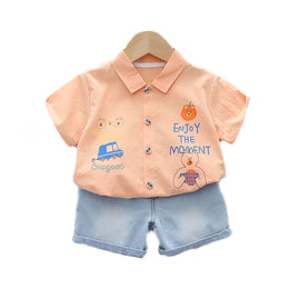 Kids Orange Printed Pure Cotton Shirt with Shorts