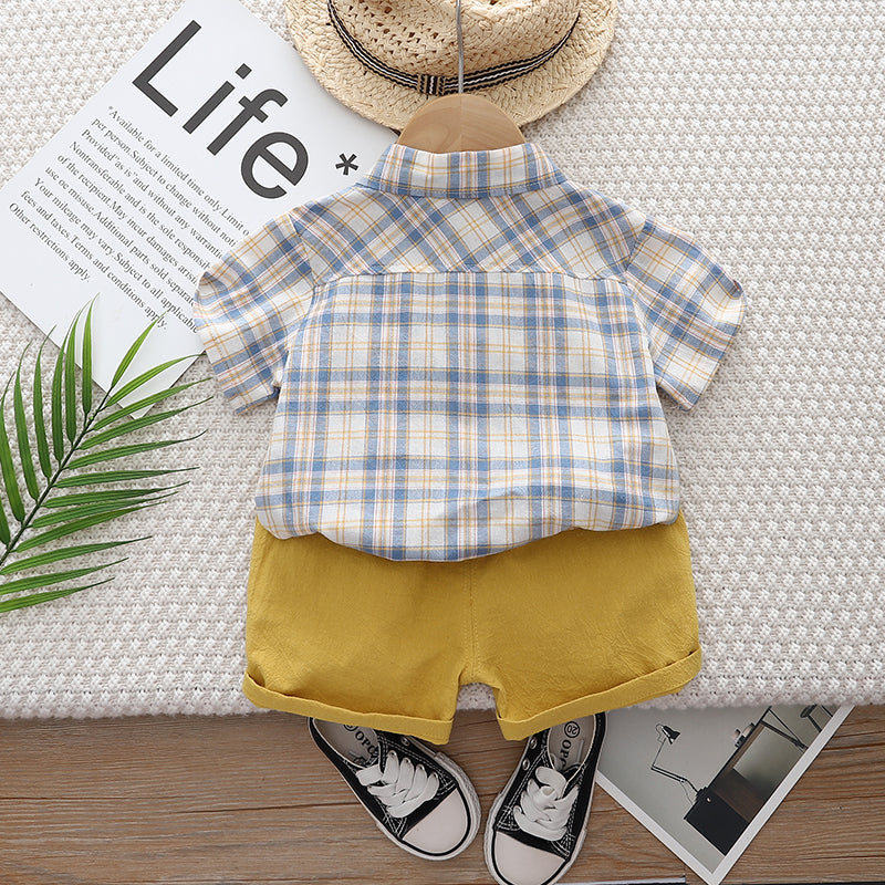 Kids Blue Checked Pure Cotton Shirt with Shorts