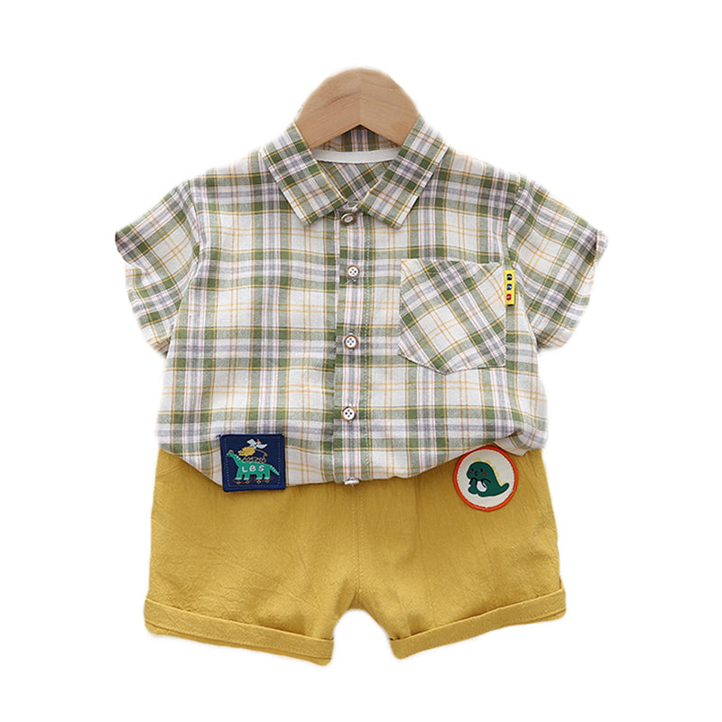 Kids Green Checked Shirt Collar Pure Cotton Shirt With Short