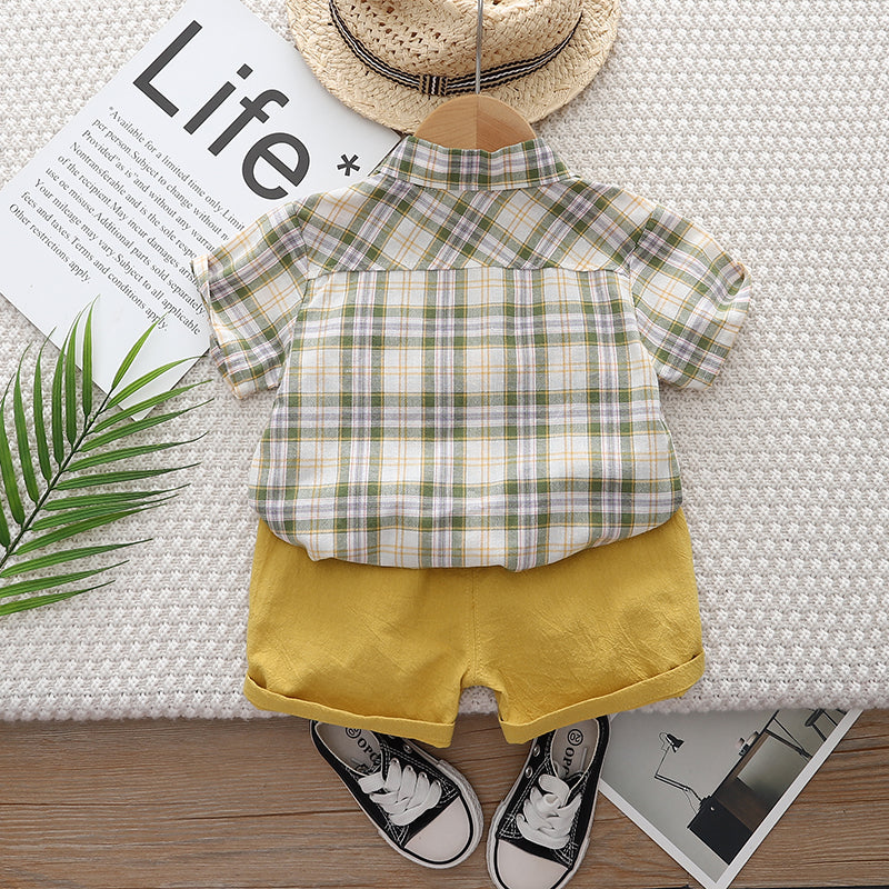 Kids Green Checked Shirt Collar Pure Cotton Shirt With Short