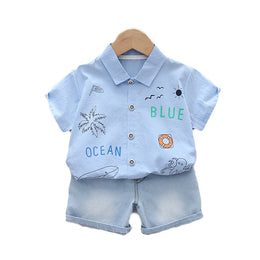 Kids Blue Printed Pure Cotton Shirt With Shorts
