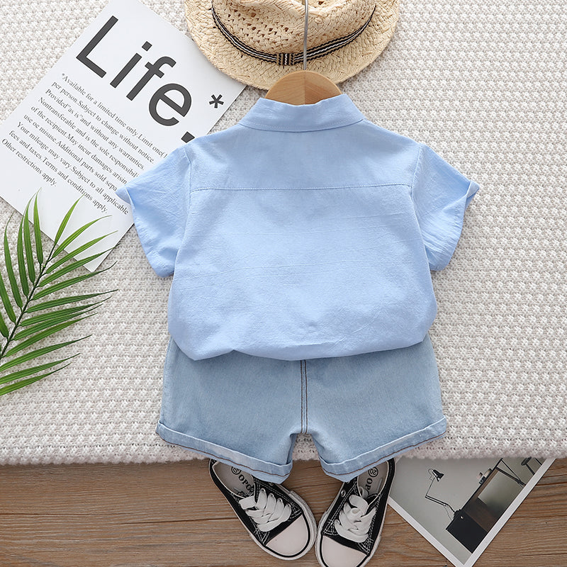 Kids Blue Printed Pure Cotton Shirt With Shorts