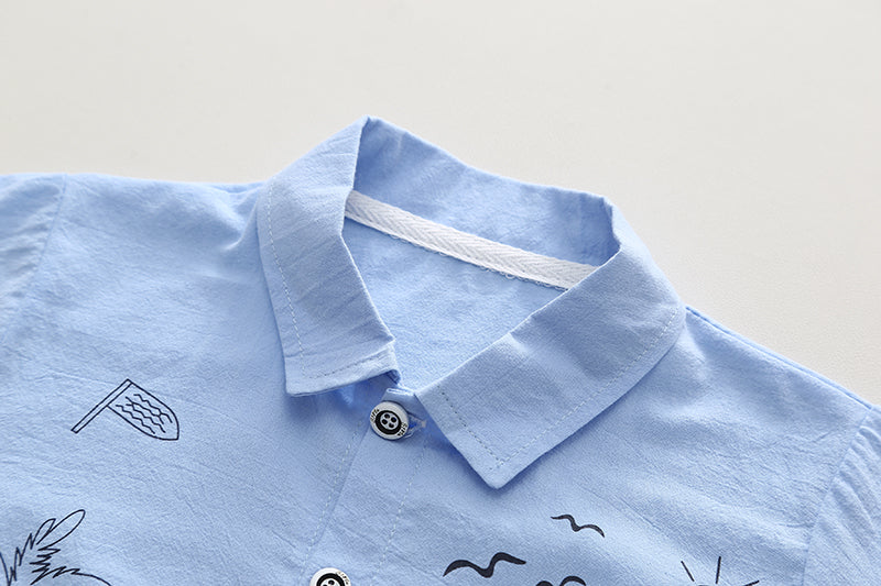Kids Blue Printed Pure Cotton Shirt With Shorts