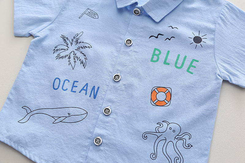 Kids Blue Printed Pure Cotton Shirt With Shorts