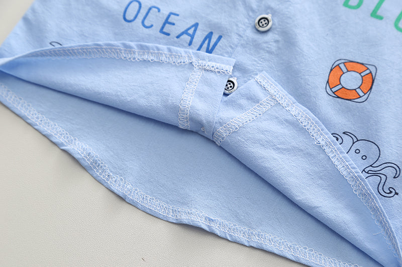 Kids Blue Printed Pure Cotton Shirt With Shorts