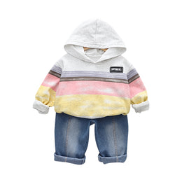 Boys Striped Long Sleeves Hooded Neck Sweatshirt with Capris