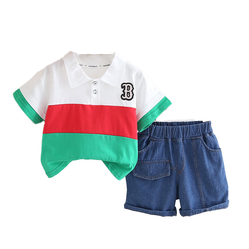 Unisex Kids Colourblocked Shirt Collar T-shirt With Shorts