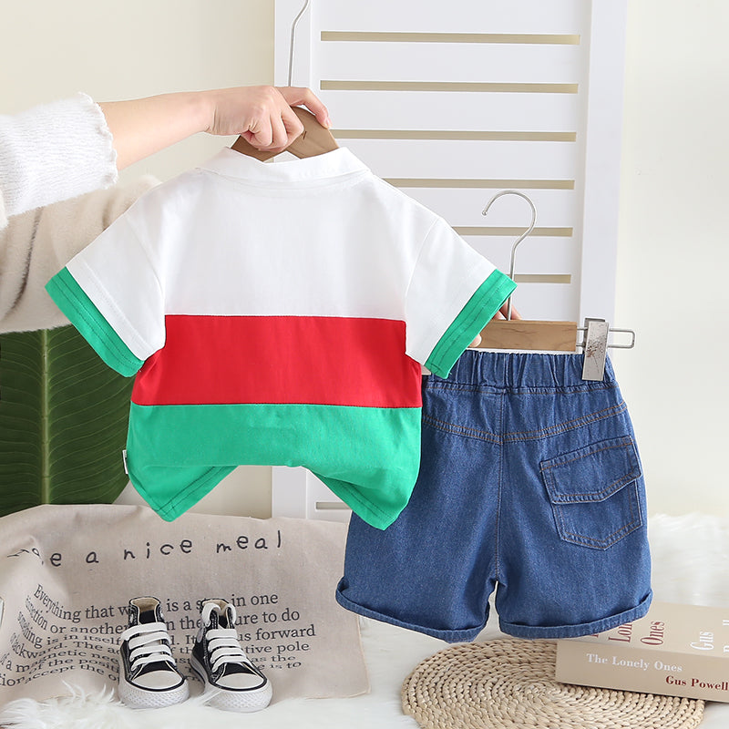 Unisex Kids Colourblocked Shirt Collar T-shirt With Shorts