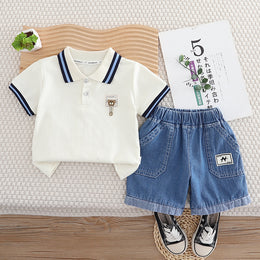 Unisex Kids Polo Collar Pure Cotton T-shirt with Shorts