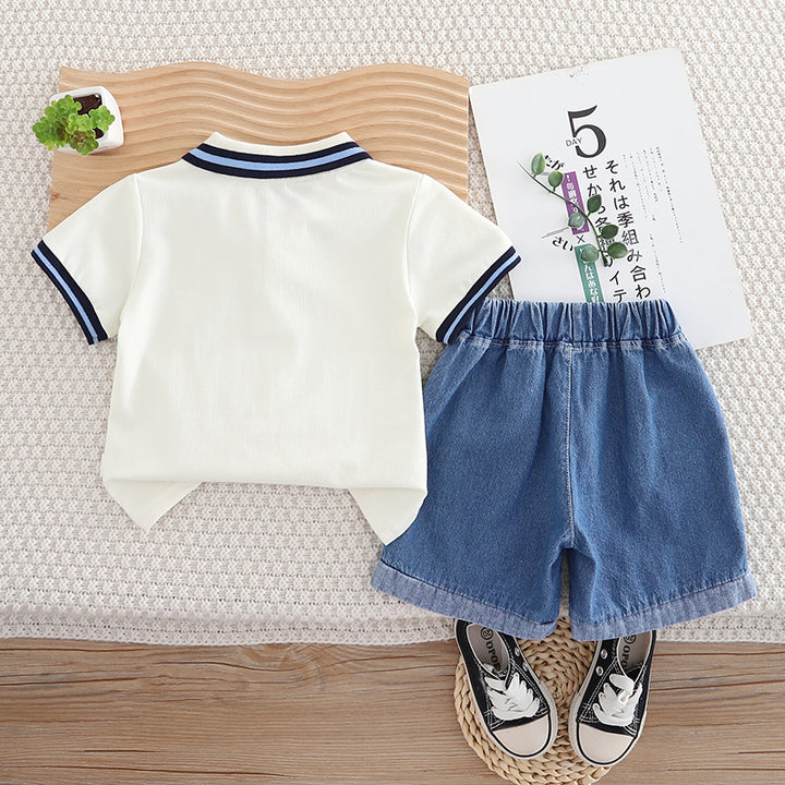 Unisex Kids Polo Collar Pure Cotton T-shirt with Shorts