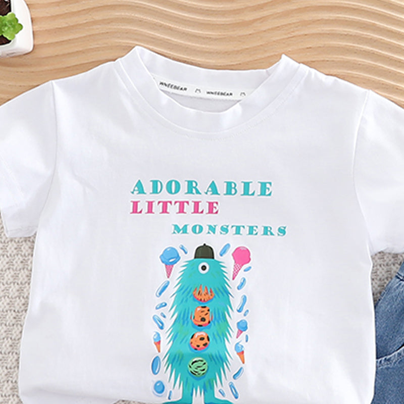 Unisex Kids Printed Round Neck Pure Cotton T-shirt With Shorts