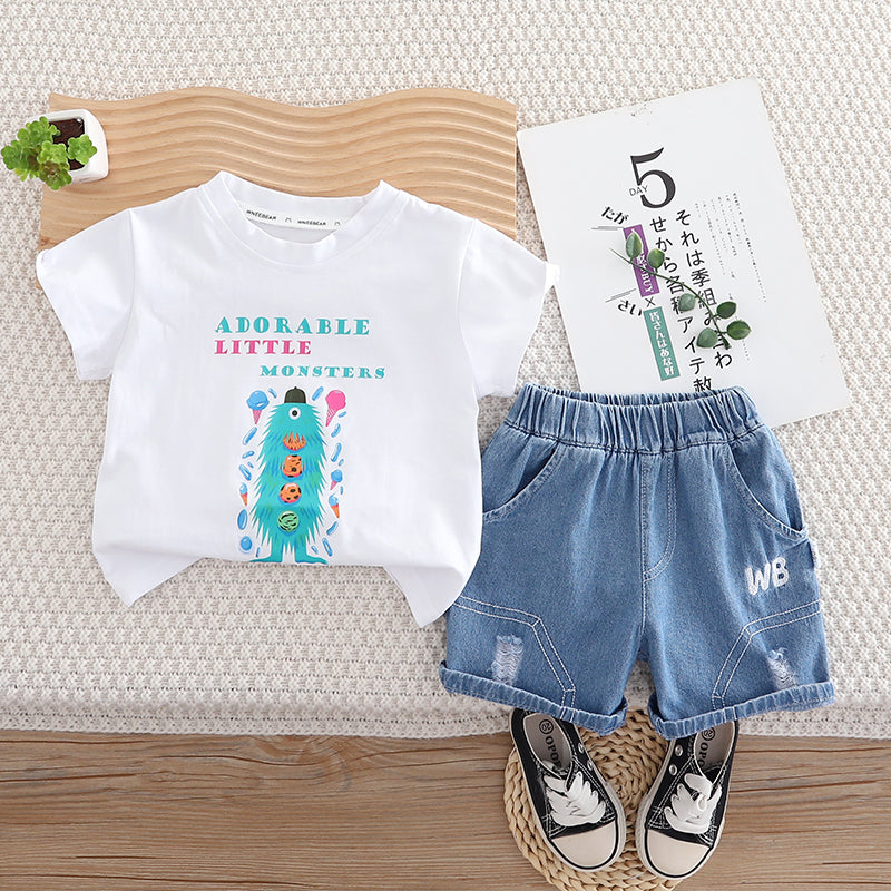 Unisex Kids Printed Round Neck Pure Cotton T-shirt with Shorts