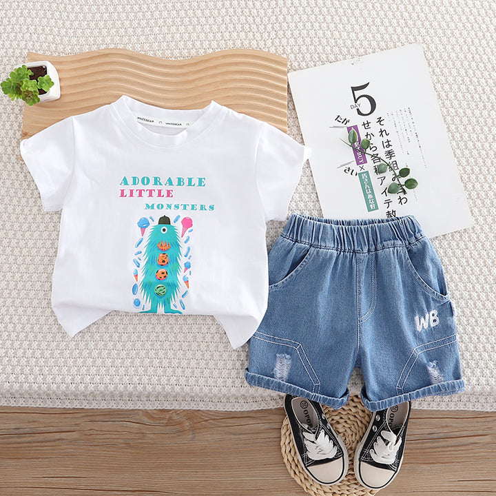 Unisex Kids Printed Round Neck Pure Cotton T-shirt with Shorts
