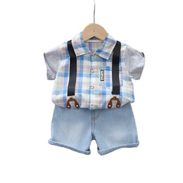Boys Blue Checked Pure Cotton Shirt with Shorts
