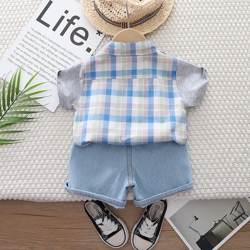 Boys Blue Checked Pure Cotton Shirt with Shorts