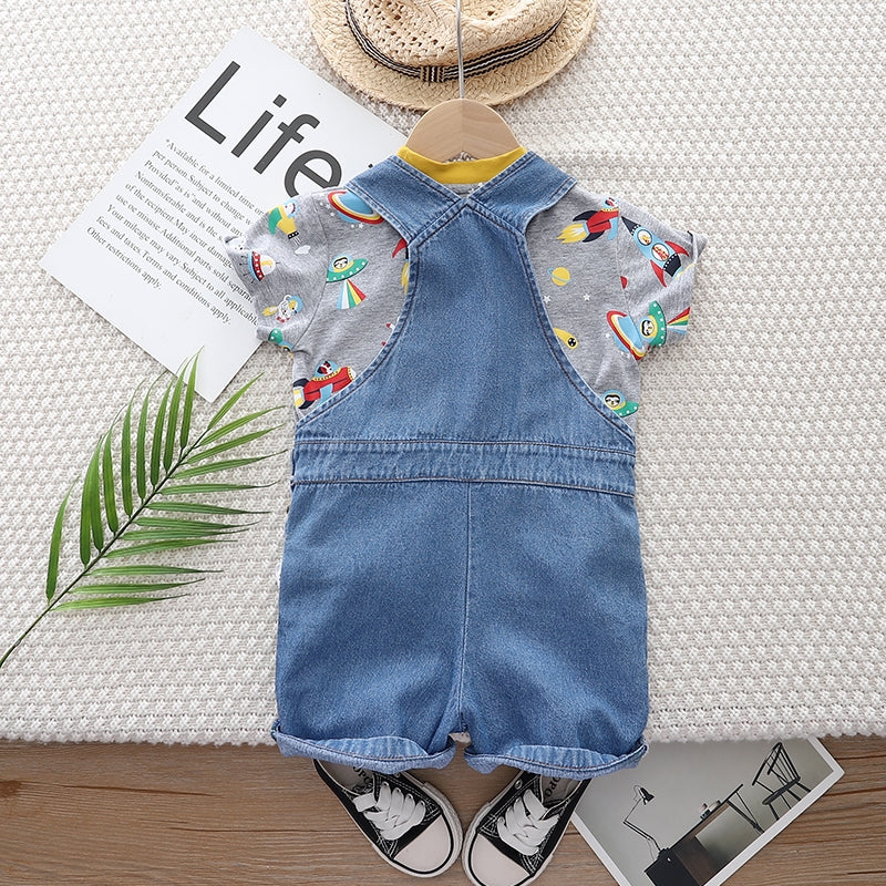 Kids Unisex Printed Pure Cotton Dungarees With T-shirt