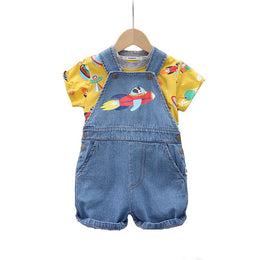Infants Kids Printed Cotton Denim Dungaree With T-Shirt