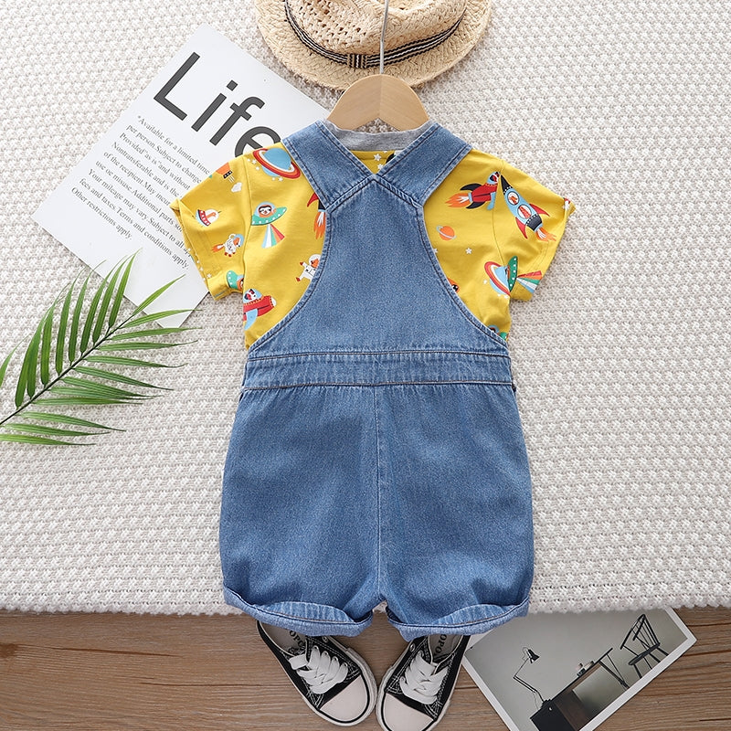 Infants Kids Printed Cotton Denim Dungaree With T-Shirt