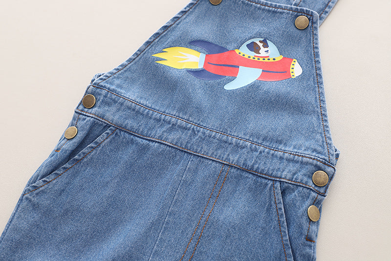 Infants Kids Printed Cotton Denim Dungaree With T-Shirt