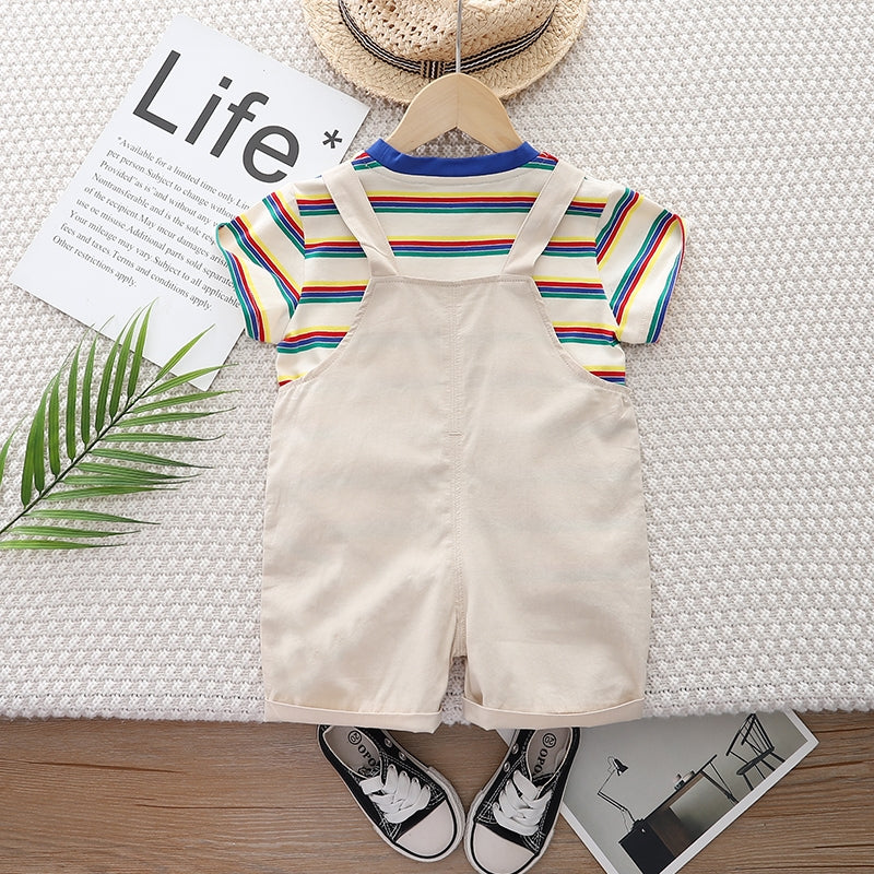 Infants Kids Striped Pure Cotton Dungaree With T-Shirt