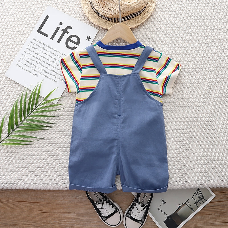Infants Kids Striped Pure Cotton Dungaree With T-Shirt